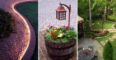 three different views of the same garden and patio