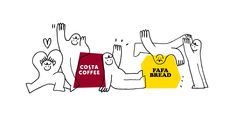 several people holding up signs with the words costa coffee and papa bread written on them