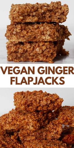 vegan ginger flapjacks stacked on top of each other with the title above it