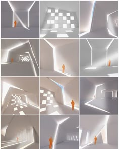 many different images of people in an open space with light coming from the ceiling and floor