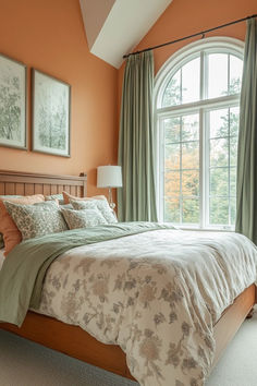 a bedroom with an orange wall and large bed in front of a window that has green drapes on it