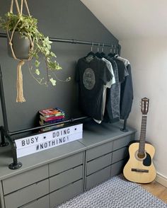 a guitar and some books on a shelf in a room with a plant hanging from the ceiling