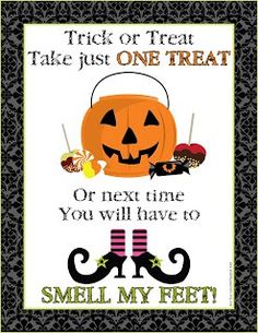 a trick or treat sign with a jack - o'- lantern and candy on it