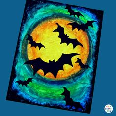 a painting of bats flying in the night sky over an orange and blue moon with green background