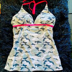 New Condition, Never Worn Halter Swim Top Great Grey & White Camo Print With Neon Pink Trim Light Removable Padding/Shaping Take A Stroll Through My Closet...I Have Lots Of Assorted Sizes, Styles And Categories Of Great Items. Any Items Purchased At The Same Time From My Closet Using The Bundle Feature Will Pay Only 1 Shipping Fee! *All Items Are Cleaned, Sanitized & Packaged With Care For Your Safety. Happy Poshing!!! Low Rise Outfit, Summer Shopping List, Mcbling Fashion, 2000s Clothing, 2000s Outfit, Swim Tank, Island Outfit, 2000s Clothes, Halter Swim Top