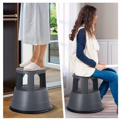 a woman sitting on top of a step stool next to another woman in white shoes