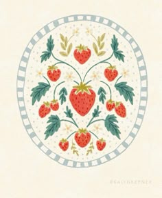 a plate with strawberries on it and leaves around the edge, in blue and white