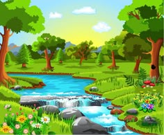 a river running through a lush green forest filled with lots of trees and flowers on a sunny day