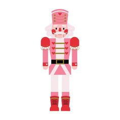 a nutcracker in pink and gold with hearts on it's chest, standing upright