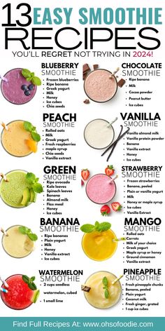 Text reads 13 Easy Smoothie Recipes You'll Regret Not Trying in 2024! Makanan Rendah Kalori, Watermelon Smoothie, Resep Smoothie, Vanilla Smoothie, Kiwi Smoothie, Easy Healthy Smoothies, Blueberry Smoothie