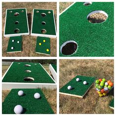 several different shots of golf hitting holes in the grass, with one hole missing from the other