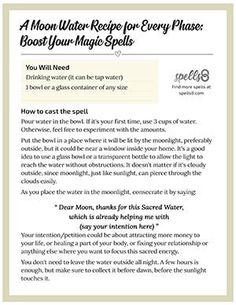 Print it: How to Make Moon Water Recipe Moon Phases Spells, Moon Water Magic, Moon Water Spells, Healing Spells With Moon Water, Moon Phases Spell Work, Water Magick, Spiritual Cleansing Bath, Moon Vibes