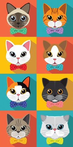 six cats with different colored bow ties on their heads, all in the same color