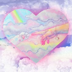 a heart shaped painting with clouds and rainbows in the background