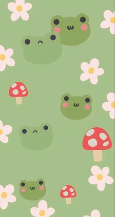 a green background with mushrooms and toads