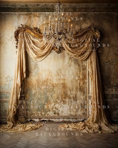 an old room with curtains and a chandelier hanging from the ceiling in front of it