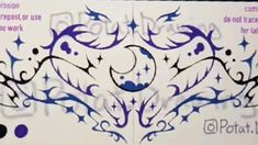 the back side of a business card with blue and black designs on it, including stars