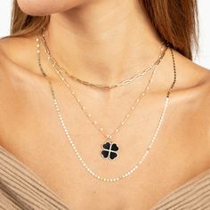 This four-leaf clover charm adds a fun aspect to your look!14K Yellow Gold1 Clover Shape OnyxThis piece is identical on both sides // Clover Jewelry Four Leaf, Four Leaf Clover Locket, Four Leaf Clover Necklace, Clover Pendant, Clover Charm, Lucky Clover, Diamond Charm, Personalized Bracelets, Leaf Clover