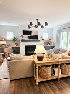 a living room filled with furniture and a fire place in the middle of a room