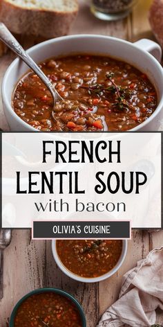 french lentil soup with bacon in a white bowl on a wooden table next to bread