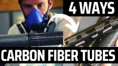 a man wearing a gas mask and holding a snake in his hand with the words 4 ways carbon fiber tubes