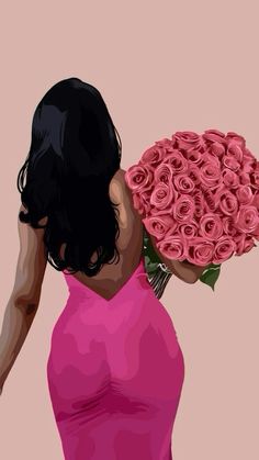 a woman in a pink dress holding a large bouquet of roses on her shoulder and looking down