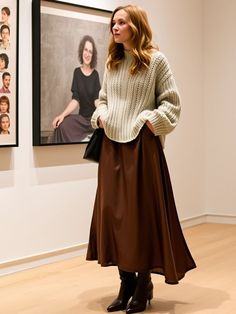 Satin slip skirt fall outfit with sweater Sweater Slip Skirt Outfit, Sweater With Flowy Skirt, Cozy Skirt Outfits, Beige Skirt Fall, Satin Skirt Outfit Fall, Fall Outfits With Skirts, Outfit With Sweater, Skirt With Sweater Outfit, Mid Skirt Outfits