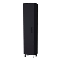 a tall black cabinet sitting on top of a white floor next to a metal pole