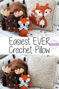 crochet pillows with the words easyest ever crochet pillow on them