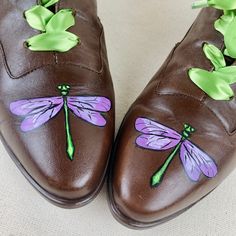 Hand painted chocolate brown leather oxford Calico granny boot-style shoes. Painted in whimsical fairy style with sprigs of lavender and dragonflies. Comes with matching green satin ribbon laces. 1 Pair only. Size 10 US Women's. Purchased at thrift but are like new. All items are carefully sourced with a keen eye for quality, comfortability, material, and style. Hand-painted with acrylic-based Angelus Leather Paints and coated with Angelus acrylic finisher. Water resistant.  *These do NOT have any undesirable odor. All items are inspected, sanitized, and deodorized prior to painting.   Smoke-free home and shop. Cleaning is best done with a damp cloth and a light wipe down. Inch measurements: Length (heel to toe): 11" Width (ball of foot): 3.5" Heel height: 0.75" Join the preloved revolutio Painting Leather Shoes, Painted Leather Shoes, Painted Chocolate, Granny Boots, Fairy Shoes, Ribbon Laces, Fairy Style, Whimsical Fairy, Leather Paint