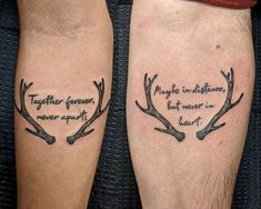 two people with tattoos on their legs, one has antlers and the other says together forever