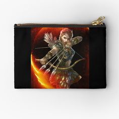 a woman with bow and arrow on fire zipper pouch