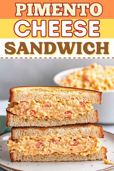 three pieces of toasted cheese sandwich stacked on top of each other with text overlay