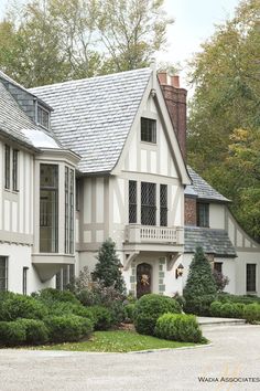 a large white house surrounded by trees and bushes