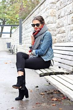 Shop this look on Lookastic:  http://lookastic.com/women/looks/sunglasses-scarf-denim-jacket-skinny-jeans-ankle-boots/6181  — Black Sunglasses  — Black and White Houndstooth Scarf  — Blue Denim Jacket  — Black Skinny Jeans  — Black Suede Ankle Boots Denim Jacket Black, Trendy Scarves, Scarf Outfit, Black Suede Ankle Boots, Blue Denim Jacket, Black Denim Jacket