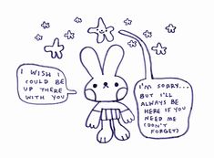 a drawing of a rabbit with two speech bubbles in the air and stars above it