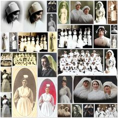 many pictures of people dressed in white and wearing hats, gowns, and bonnets