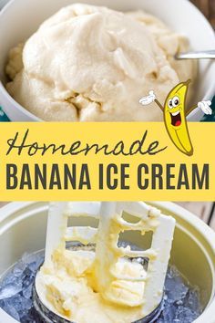 homemade banana ice cream in a white bowl with a yellow sign over it that reads homemade banana ice cream