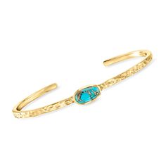 Ross-Simons - Turquoise Slender Cuff Bracelet. 8". A sleek style at a nice price! This classic bracelet spotlights a bright 5x10mm oval stabilized turquoise cabochon at the center of a slender 18kt yellow gold over sterling silver cuff. Textured and polished finishes. Slip-on, turquoise slender cuff bracelet. Adjustable Oval Modern Cuff Bracelet, Top Selling Jewelry, Classic Bracelets, Turquoise Bracelet Cuff, Italian Jewelry, Turquoise Cuff, Fine Jewelry Bracelets, Sterling Silver Cuff, Sleek Fashion