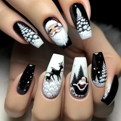 24pcs Christmas Gifts False Nails with Glue Black Santa Claus Snowflake Elk Nails Press Ons Nail Art Kutek Disney, Stick On Nails