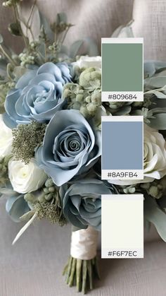 a bouquet with blue flowers and greenery is shown in the color scheme for this wedding