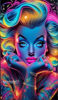 a woman's face with bright hair and blue eyes is shown in this colorful poster