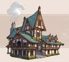 a drawing of a large house with lots of windows and ivy growing on the roof