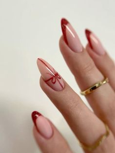 Christmas nail inspiration, red french tip, bow nails, present nails, red glitter nails  #christmasnails #christmas #nailinstagram Christmas Present Nails, Red French Tip, French Tip Gel Nails, Red Nails Glitter, Sky Nails, Red French, Blush Nails, Christmas Nail Art Designs, Chic Christmas