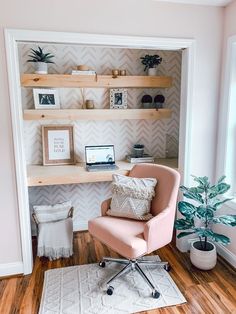 an instagram with a pink chair in the corner and shelves on the wall behind it