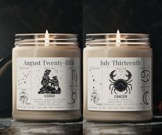 two candles sitting next to each other with zodiac signs on them and the words august twenty - fifth written in black