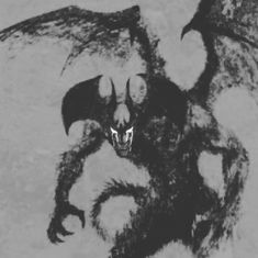 a black and white photo of a dragon with large wings on it's back