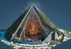 an artistic rendering of a house with a fire place in the center and snow on the ground