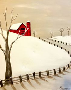 a painting of a red barn in the middle of a snowy field with a tree and fence