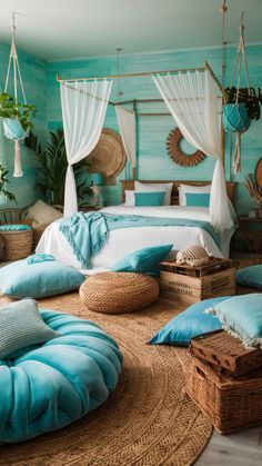 a bedroom decorated in blue and white with wicker baskets on the floor, round rugs and hanging plants